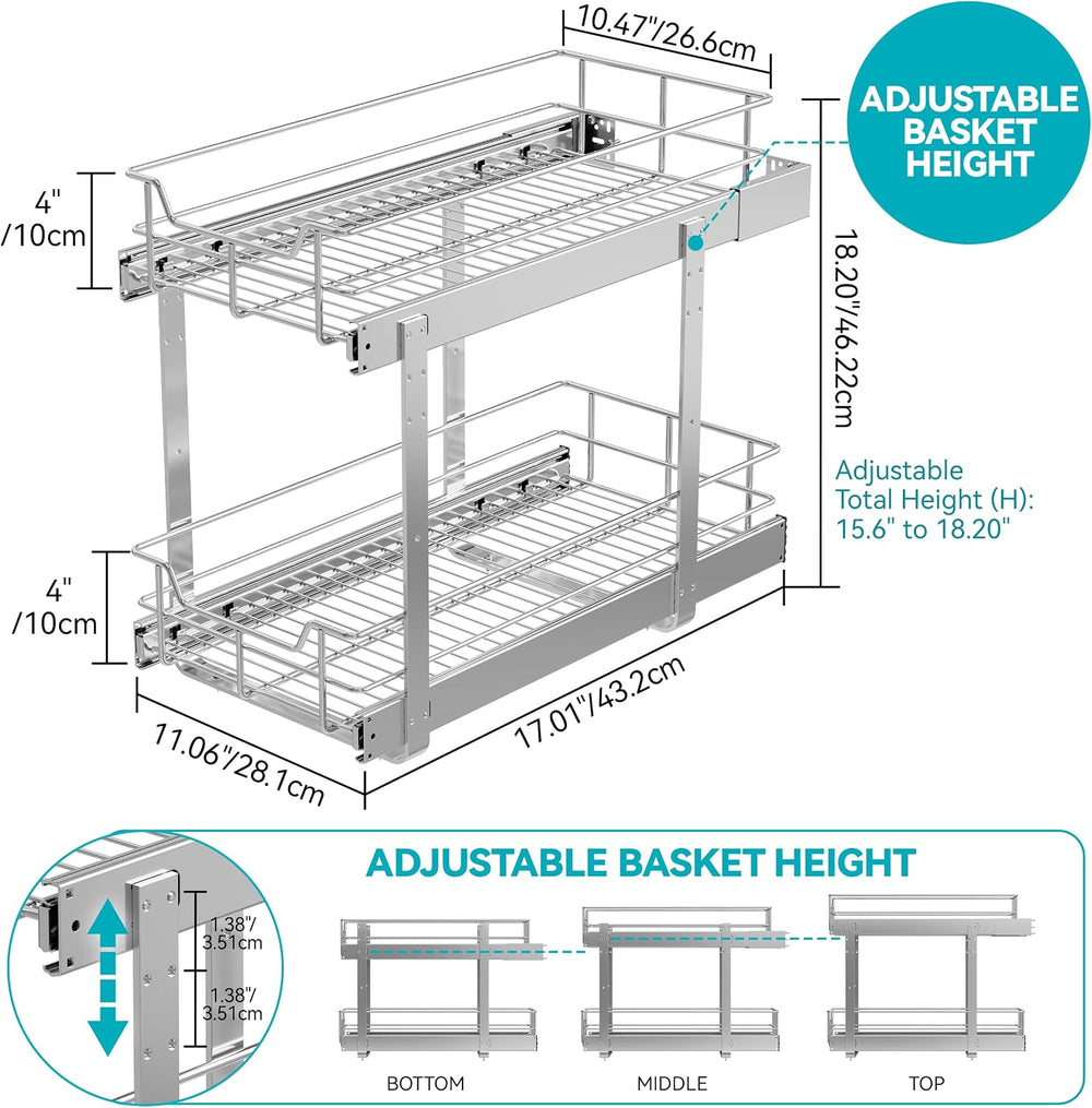2 Tier Pull Out Cabinet Organizer 11" W X 22" D, Chromed, Full Slid...