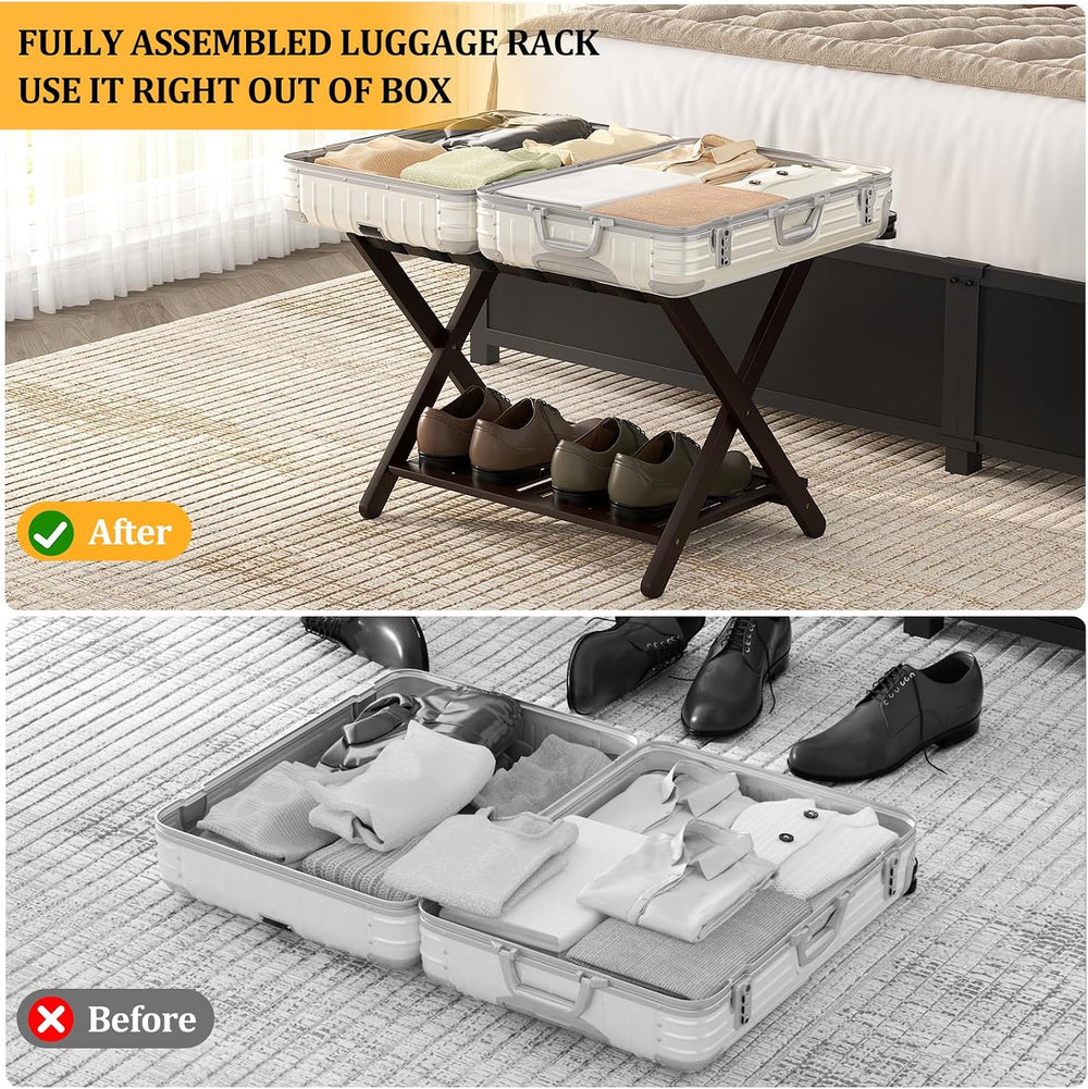 Bamboo Fully Assembled Luggage Rack for Guest Room, Suitcase Stand Set of 2