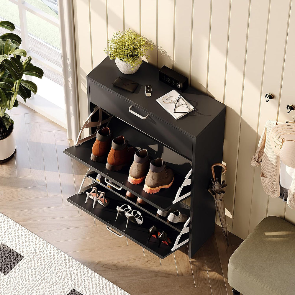 VINGLI Shoe Cabinet Storage for Entryway,Black Small Narrow Shoe Rack,25" W
