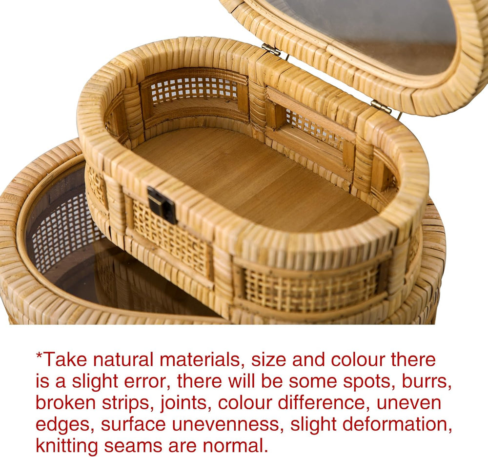 SOFE Oval Rattan Boxes with Glass Lid Set of 2, Handwoven Boho Storage Bins