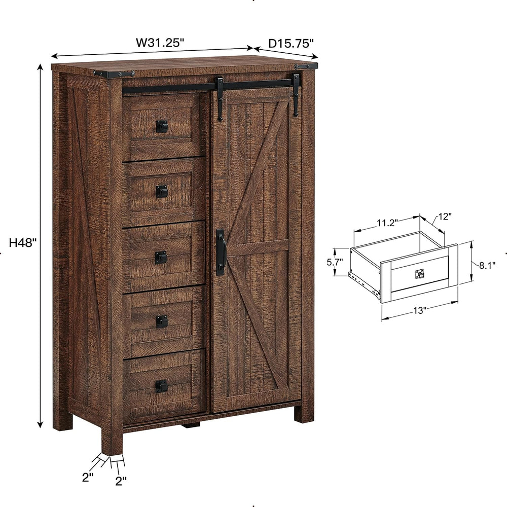 T4TREAM 5 Drawers Dresser with Sliding Barn Doors, Reclaimed Barnwood