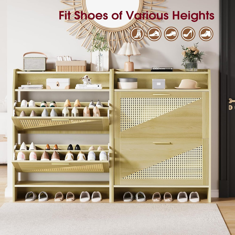 Rattan Shoe Storage Cabinet with 2 Flip Drawers, Wooden Shoe Cabinet with Adj...
