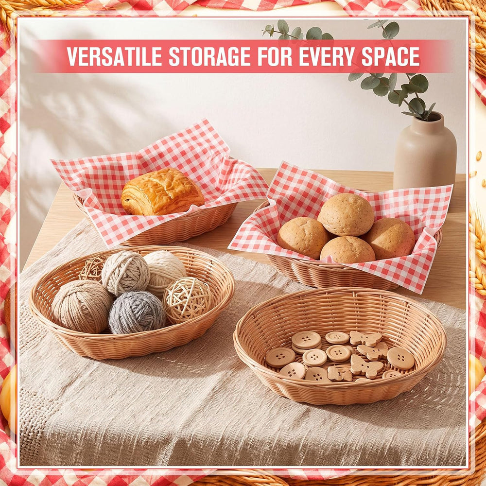 12 Pack Oval Wicker Bread Baskets with 100 Paper Liners, 9 x 5.9 x 2.4 in