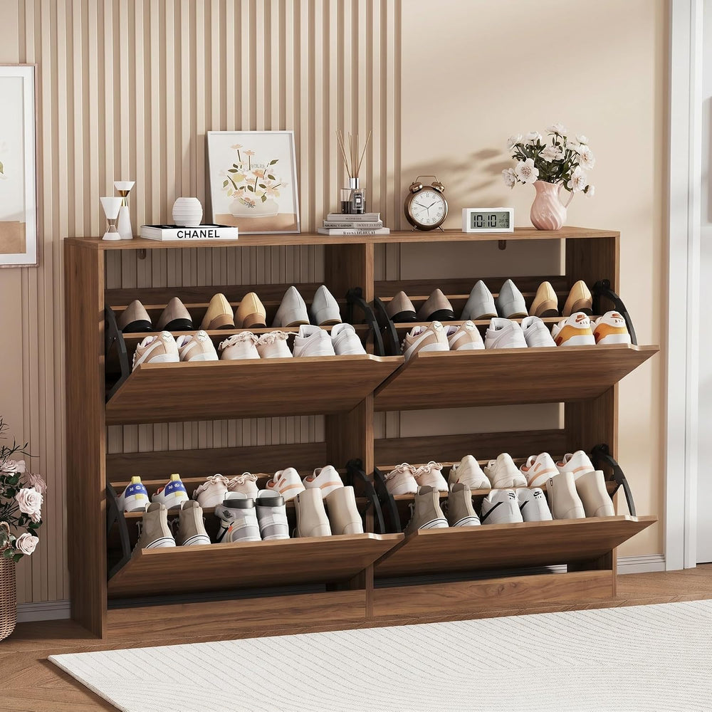 Walnut Hidden Shoe Storage Cabinet for Entryway with 4 Flip Drawers