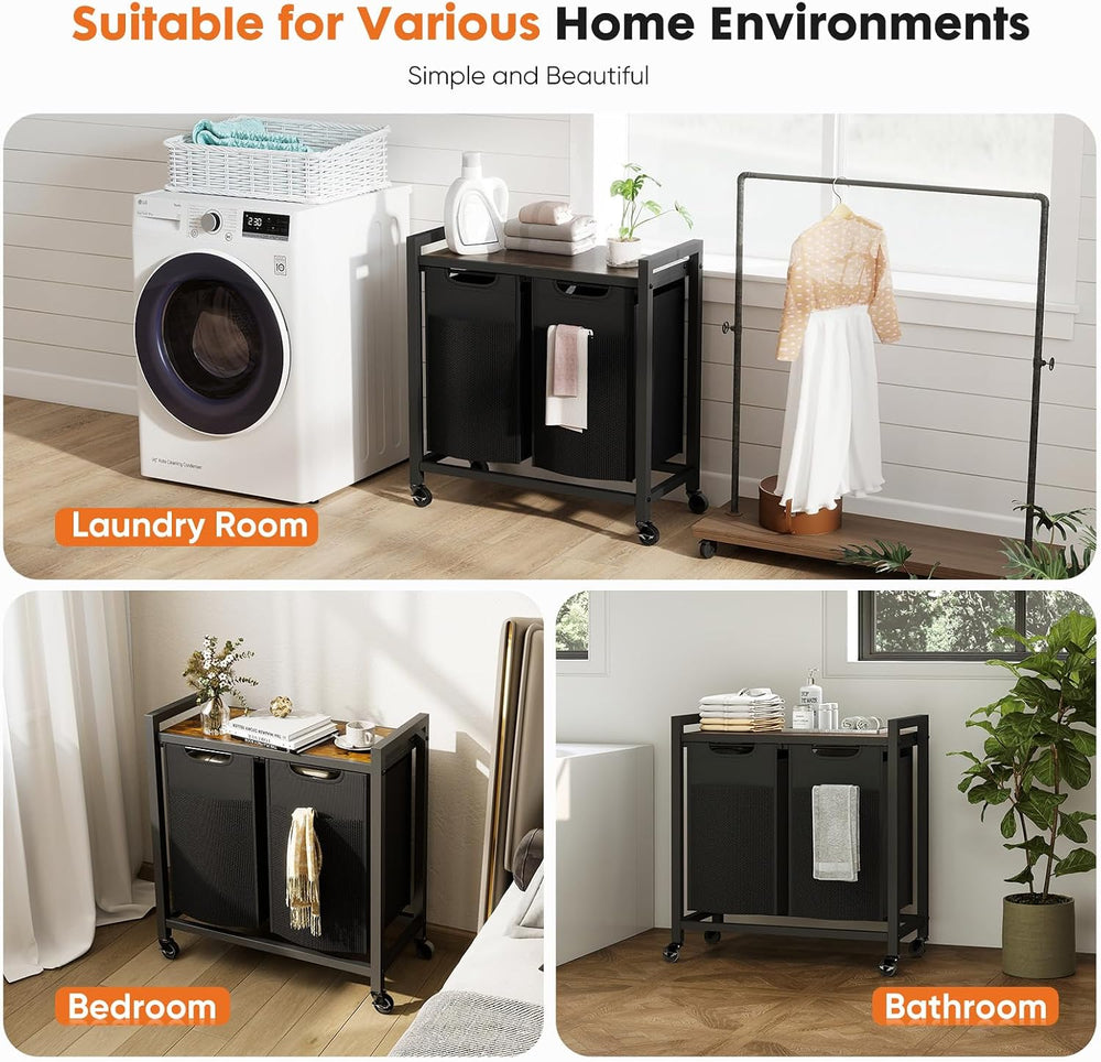 DUMOS Laundry Hamper with 2 Pull-Out Removable Sorter Bags, Movable Wheels, F...