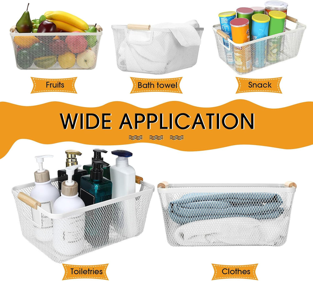 Maxcheck 6 Pack 3 Size Metal Wire Baskets with Wood Handles, Cream White