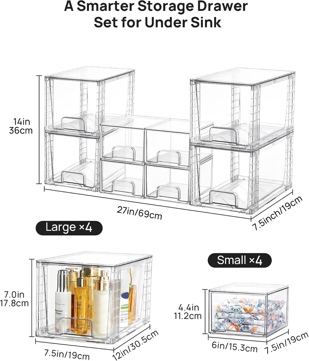 Vtopmart 8 Pack Clear Pull-Out Under Sink Organizer Set (4 Large & 4 Small)
