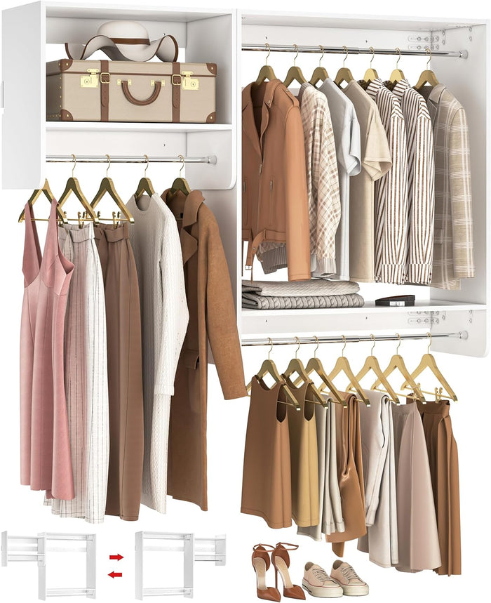 Unikito 36” - 60” Closet System, 5FT Walk in Closet Organizer Starter Kits with 3 Hanging Rods and 2 Shelves, Heavy Duty Reversible Wood Clothing Racks, Cut Be Cut to Fit, Max Load 800 LBS, White