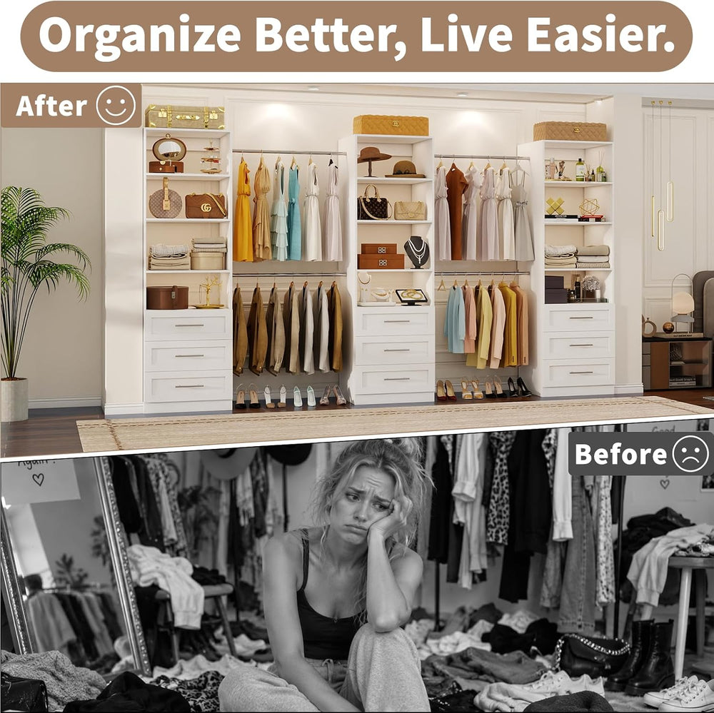 Closet System with 3 Drawers, 2FT-9FT Customizable Closet Organizer System wi...