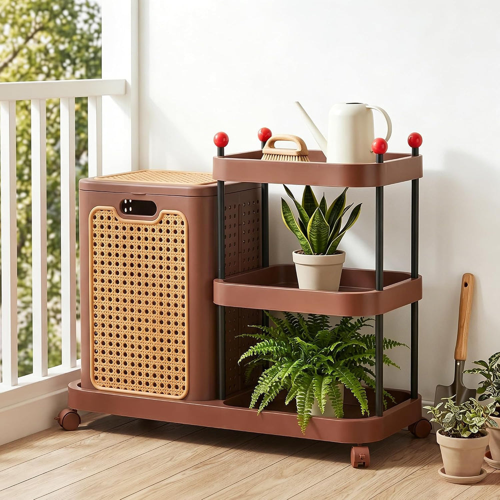 VECELO Rattan-Style Rolling Laundry Hamper Cart, 3-Tier Storage Shelf with Wh...