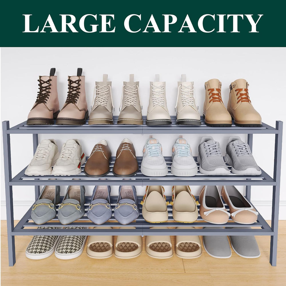 Smiry Bamboo Shoe Rack, 5 Horizontal Slats, 3 Tier - 33.9" Wide, Grey
