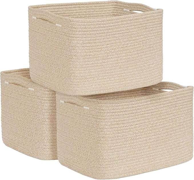 3-Pack Shelf Baskets for Organizing, Woven Storage Basket for Shelves, Cotton