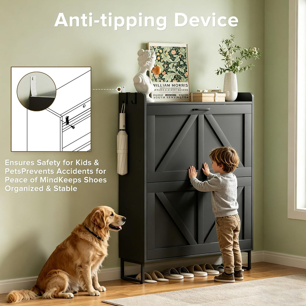 Urban Deco Shoe Cabinet with 2 Flip Drawers, Slim Shoe Storage for Entryway