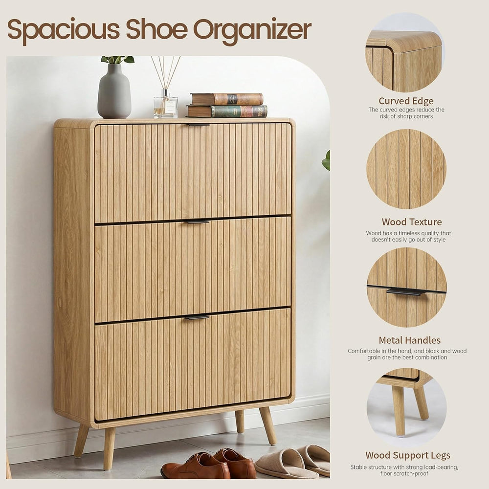 FurSch Fluted Shoe Storage Cabinet with 3 Flip Drawers, Narrow Shoe Rack Cabi...