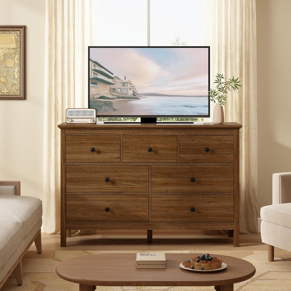 CARPETNAL 47" Walnut Dresser for Bedroom with 7 Drawer & Metal Handles