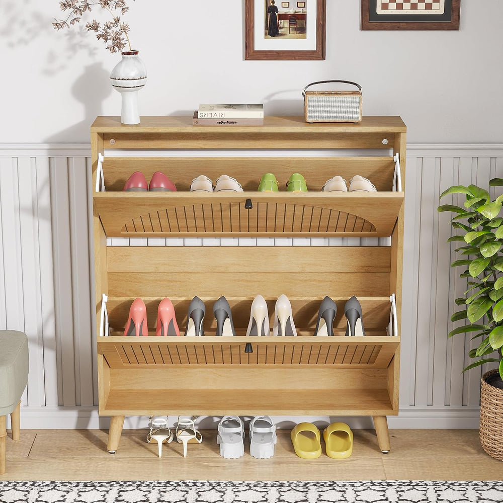 Fsbecl Shoe Storage Cabinet for Entryway with 2 Fluted Flip Drawers, Oak