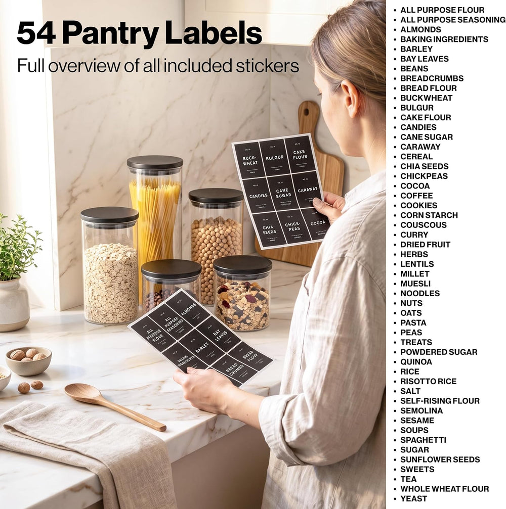 Glass Pantry Storage Jars Containers with Black Lids and Labels - Set of 5