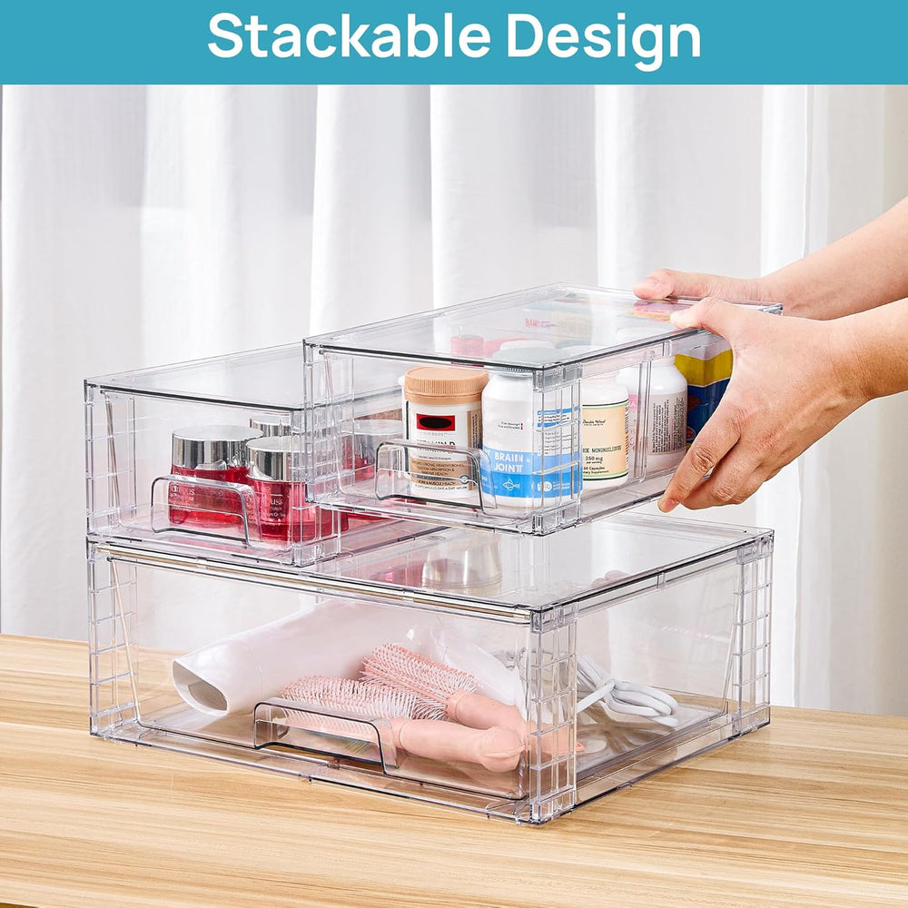 Vtopmart Clear Stackable Storage Drawers, 3 Pack Wide Organizer Set
