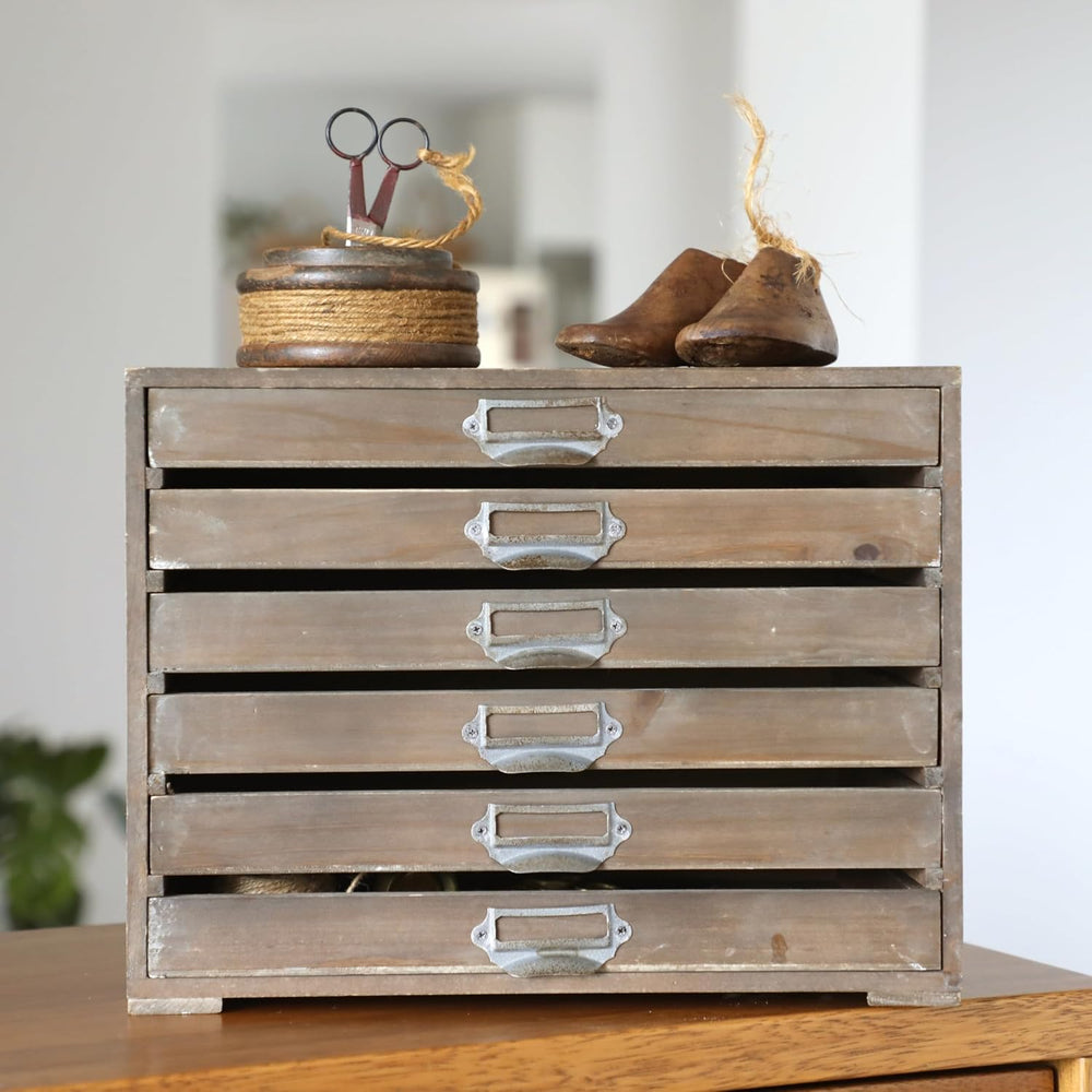 Vintage Wooden Desk Organizer Cabinet with 6 Drawers - Rustic Farmhouse Distr...