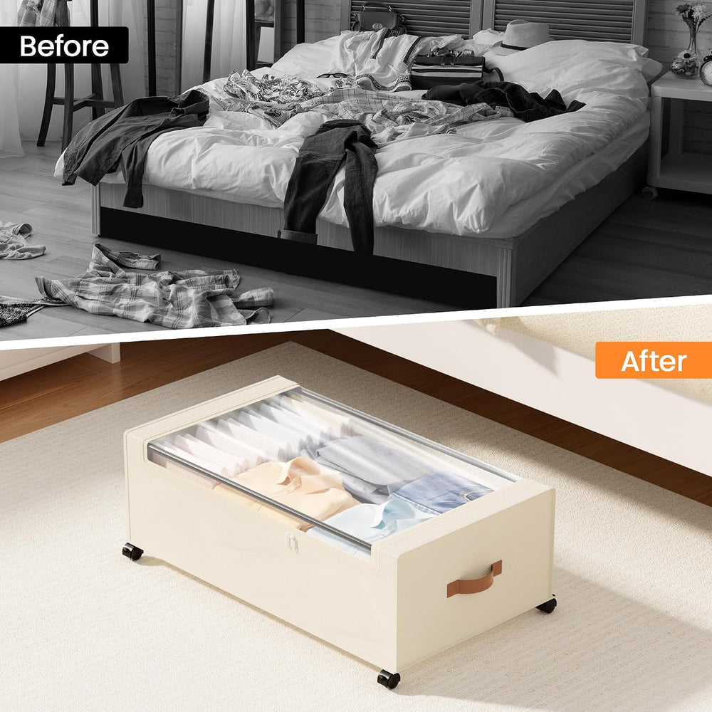 Yecaye 95L Under Bed Storage Containers, Fits 11" Under Bed, 2 Pack, Beige