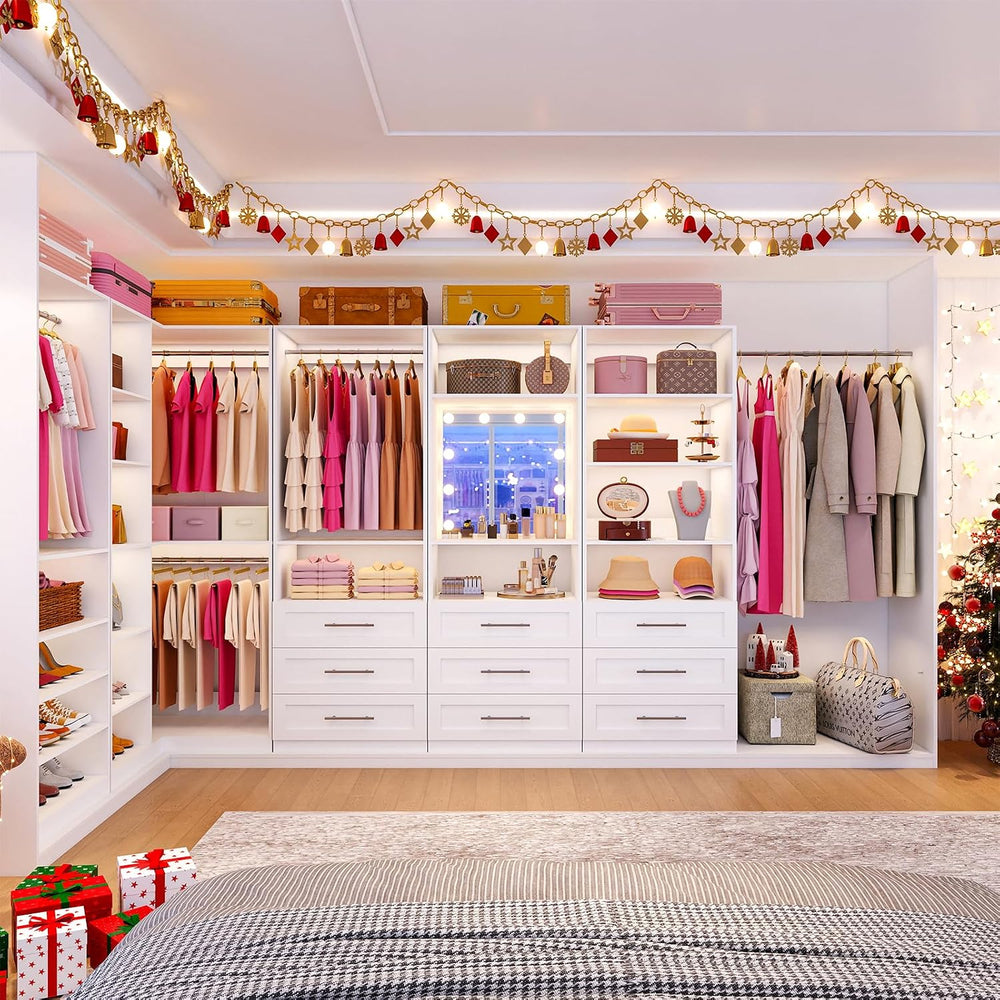 Closet Organizer System with 3 Drawers & HD LED Mirror, Modular Walk in C...