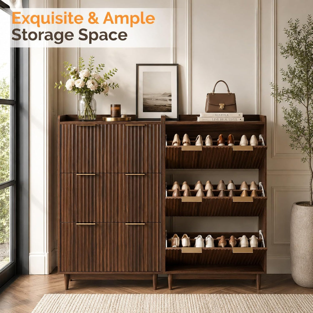 VINGLI Fluted Shoe Storage Cabinet for Entryway with 3 Flip Drawers, Narrow S...