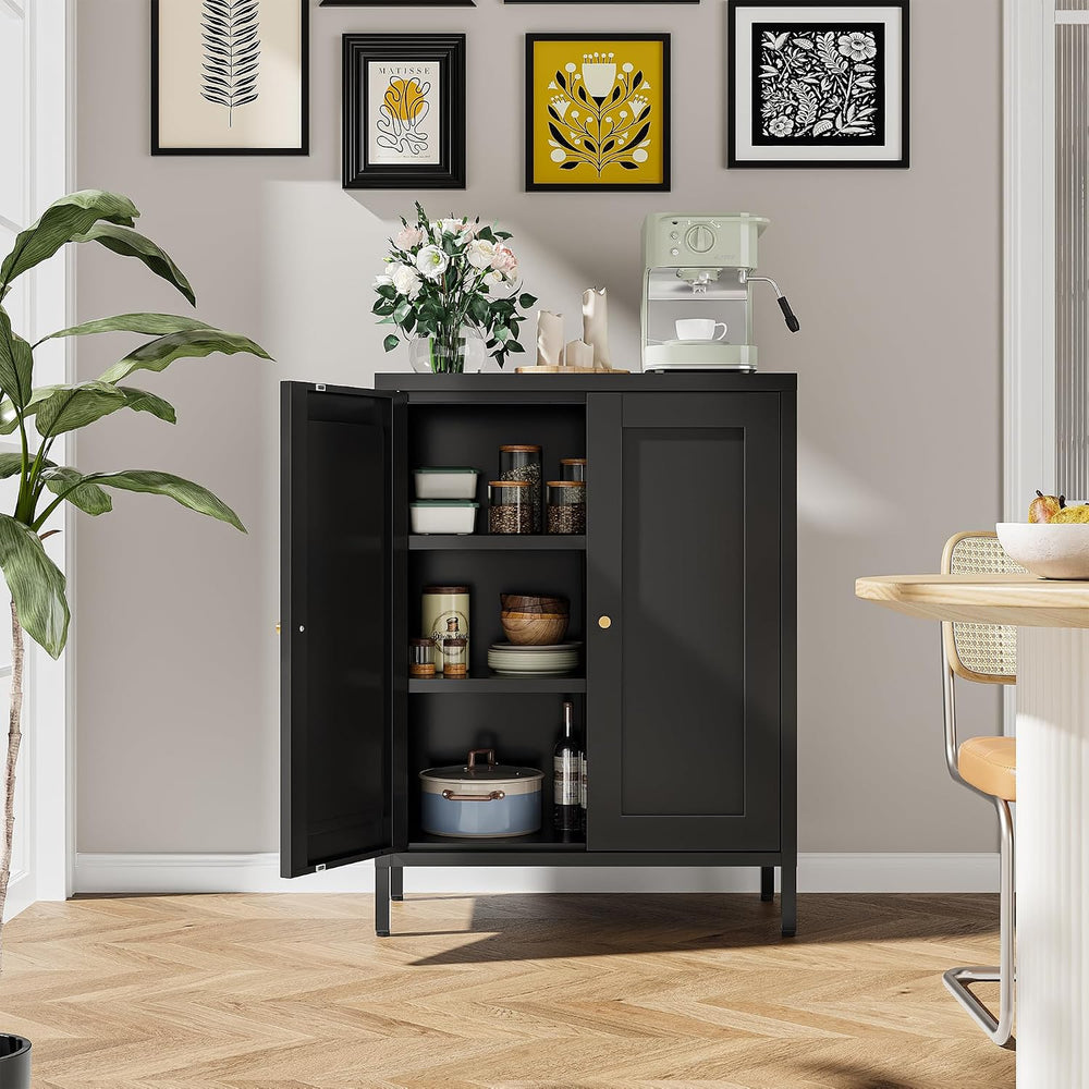 Bevivog Small Bathroom Storage Cabinet, Black Metal Locker Cabinet with 2 Doo...