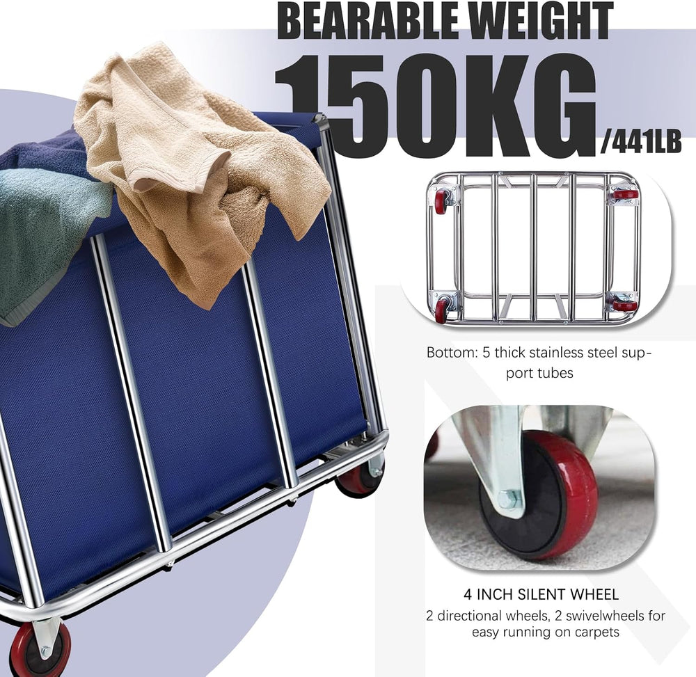 Commercial Laundry Cart with Wheels, 400L Large Rolling Laundry Cart with Ste...