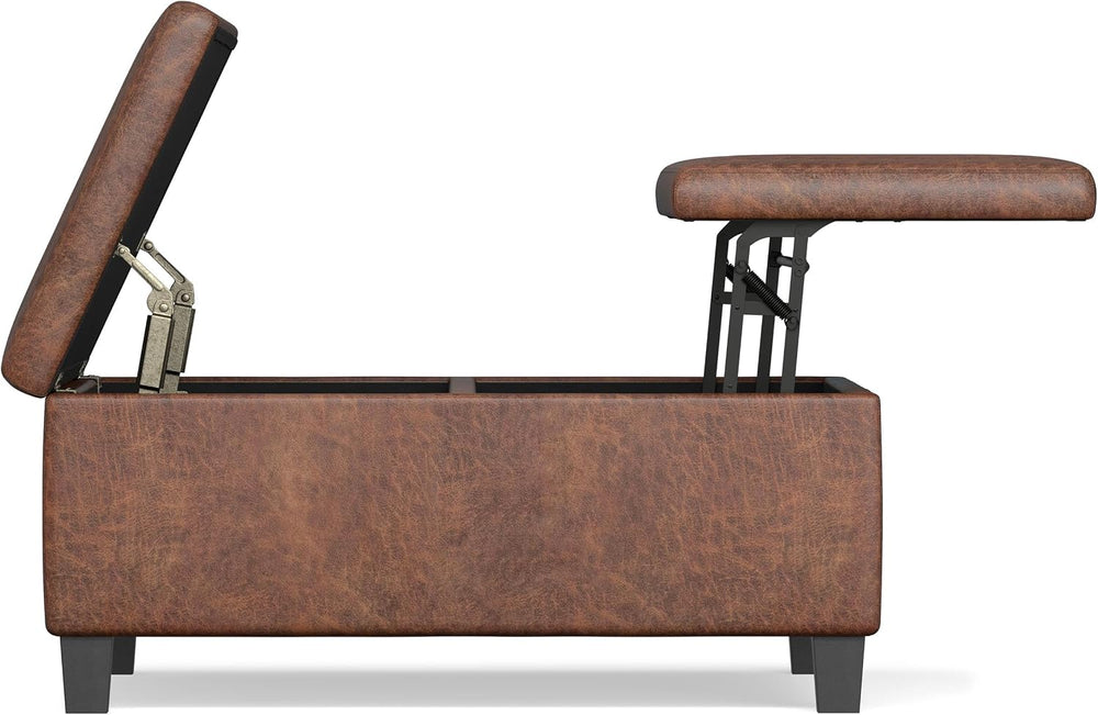 SIMPLIHOME Ellis 36" Wide Vegan Leather Storage Ottoman in Saddle Brown