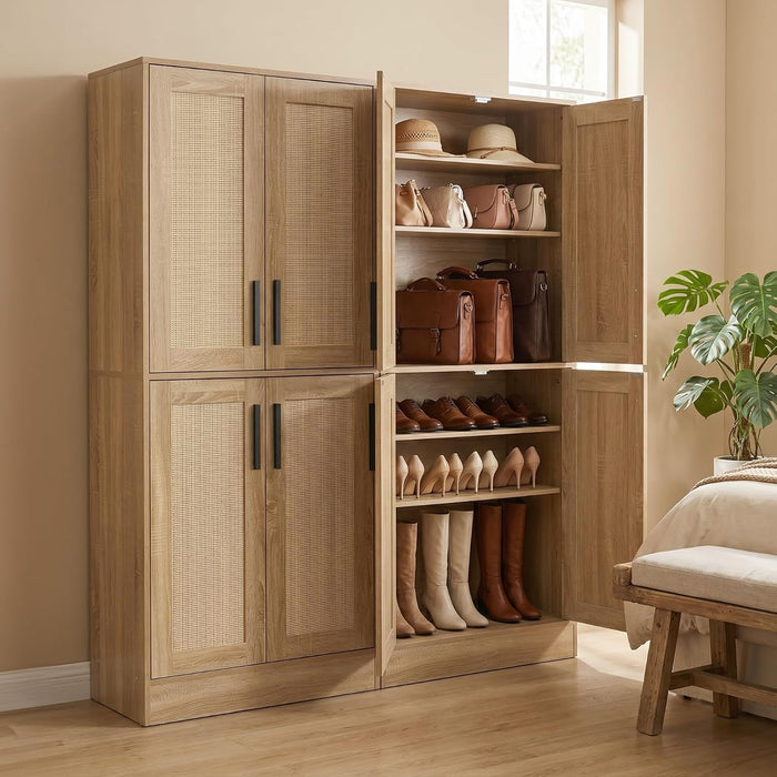 65" 8-Tier Tall Shoe Cabinet with Rattan Doors