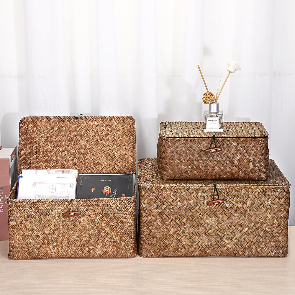 Hipiwe Set of 3 Seagrass Storage Baskets with Lid - Large Woven Wicker Bins