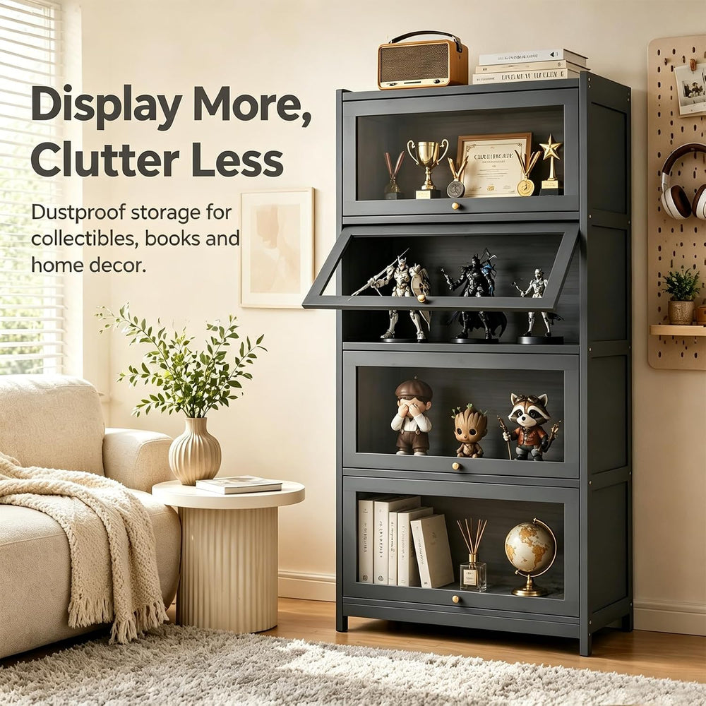 Display Cabinet with Doors, 4-Tier Bamboo Curio Cabinet for Small Space, Figu...