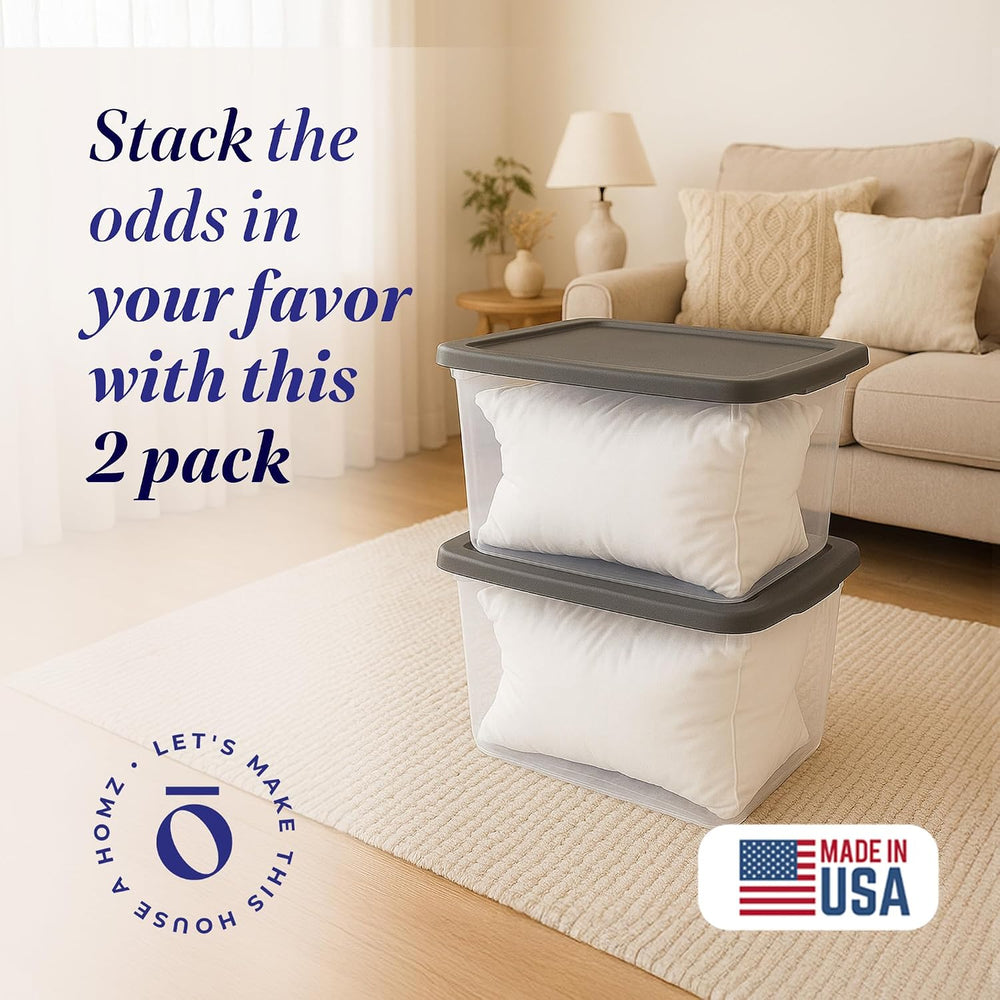 HOMZ 2-Pack Snaplock, Large Clear Plastic Storage Organizer Bins w/Lids, 56 Q...