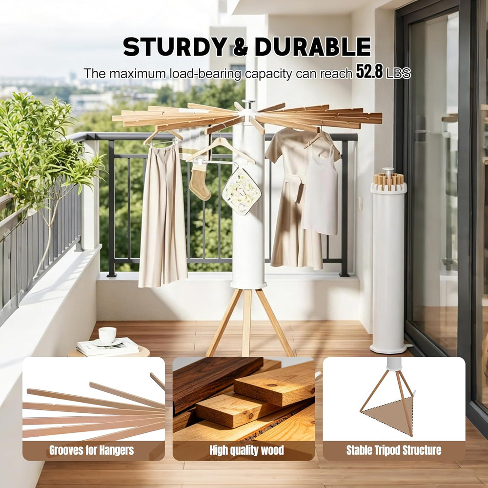 Clothes Drying Rack Foldable, Rotary Tripod Laundry Drying Rack,16 Wooden Pol...