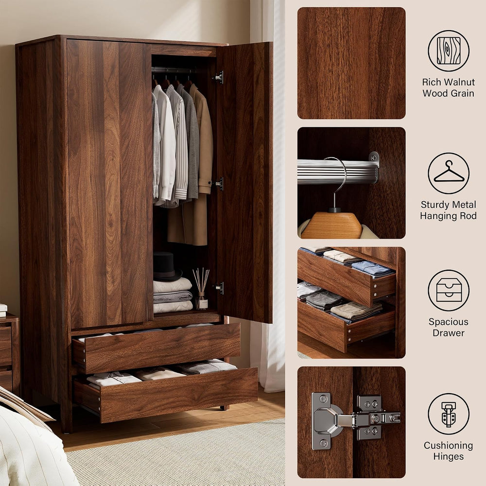 Armoire Wardrobe Closet, 70.9" Tall Wardrobe Cabinet with 2 Doors, 2 Lar...