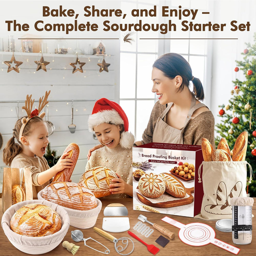Sourdough Starter Kit with Rattan Banneton Baskets, Jars, Baking Tools