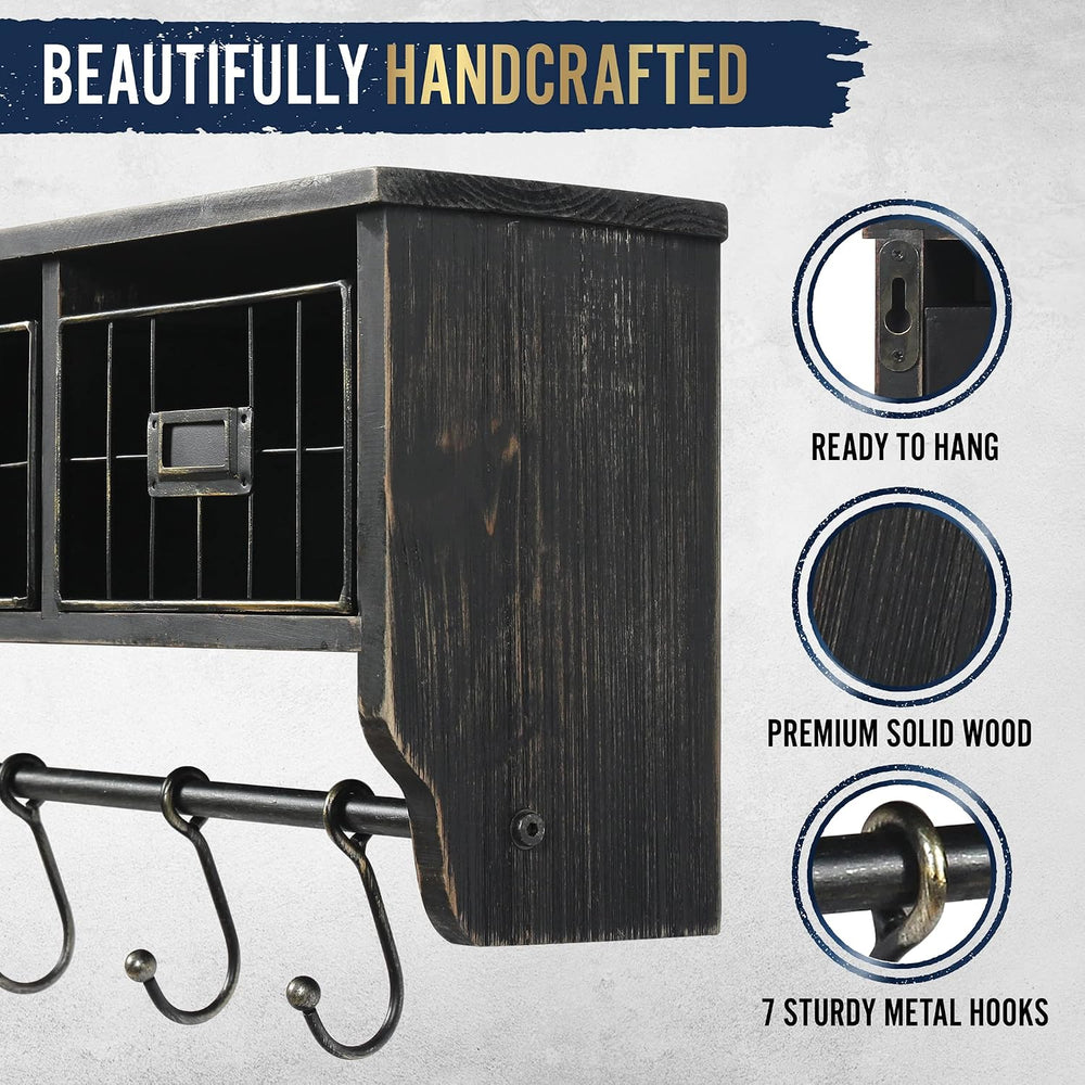 HBCY Creations Wall Mounted Shelf with Coat Hooks and Baskets, Solid Wood Ent...