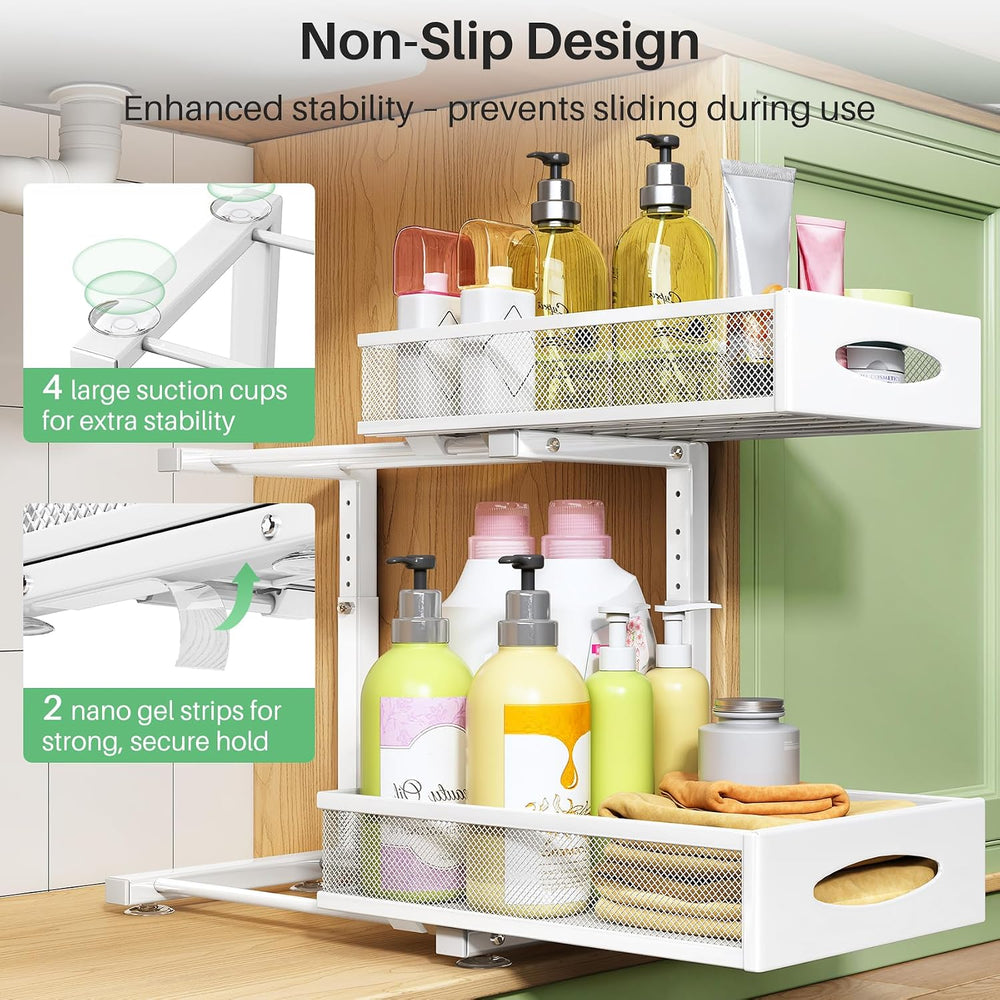 Under Sink Organizer, 2 Pack 2 Tier Pull out Cabinet Organizer Baskets with M...