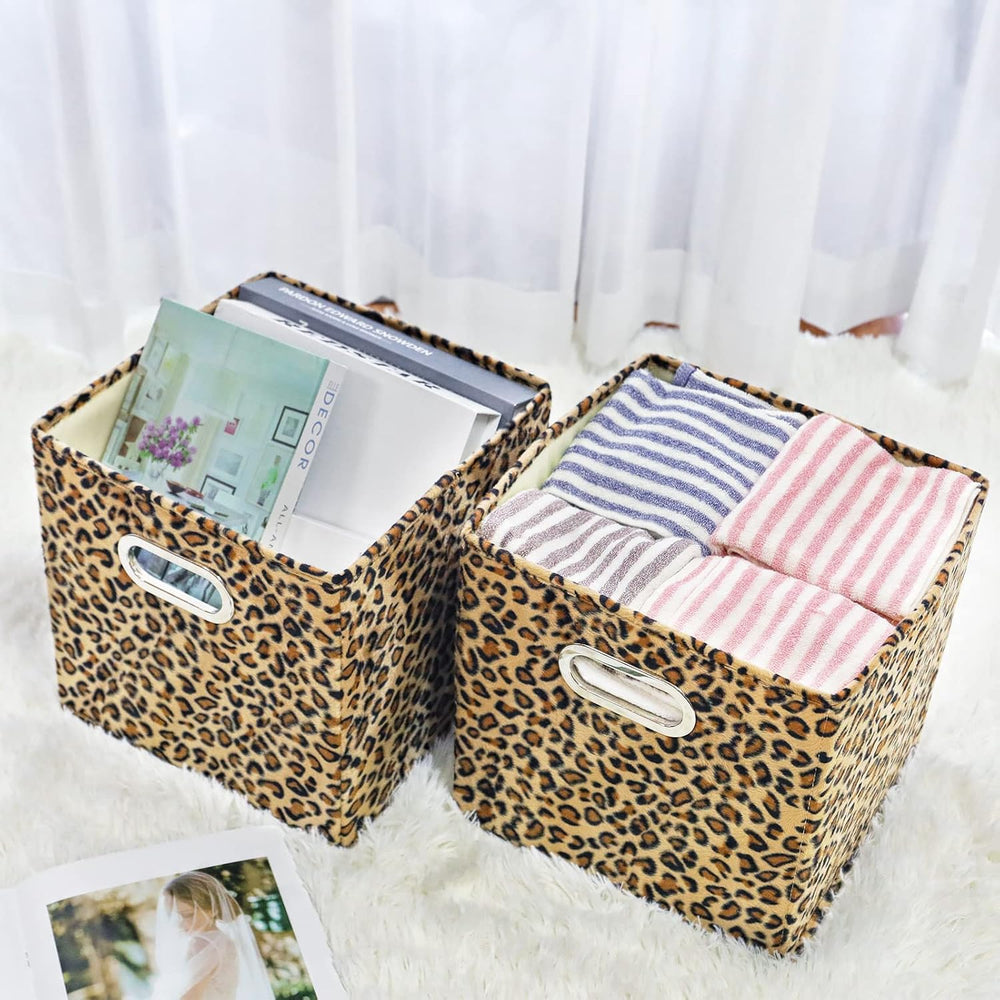 ANMINY Leopard Cheetah Print Storage Cubes Bins, Velvet, Brown, 11Inch 4PCS