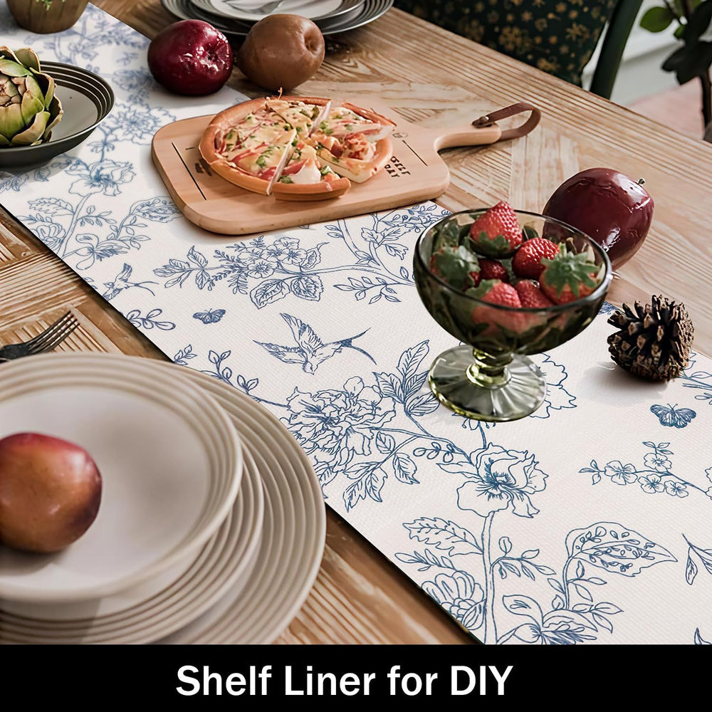White and Bluer Bird Floral Drawer Liner, 24IN x 10FT