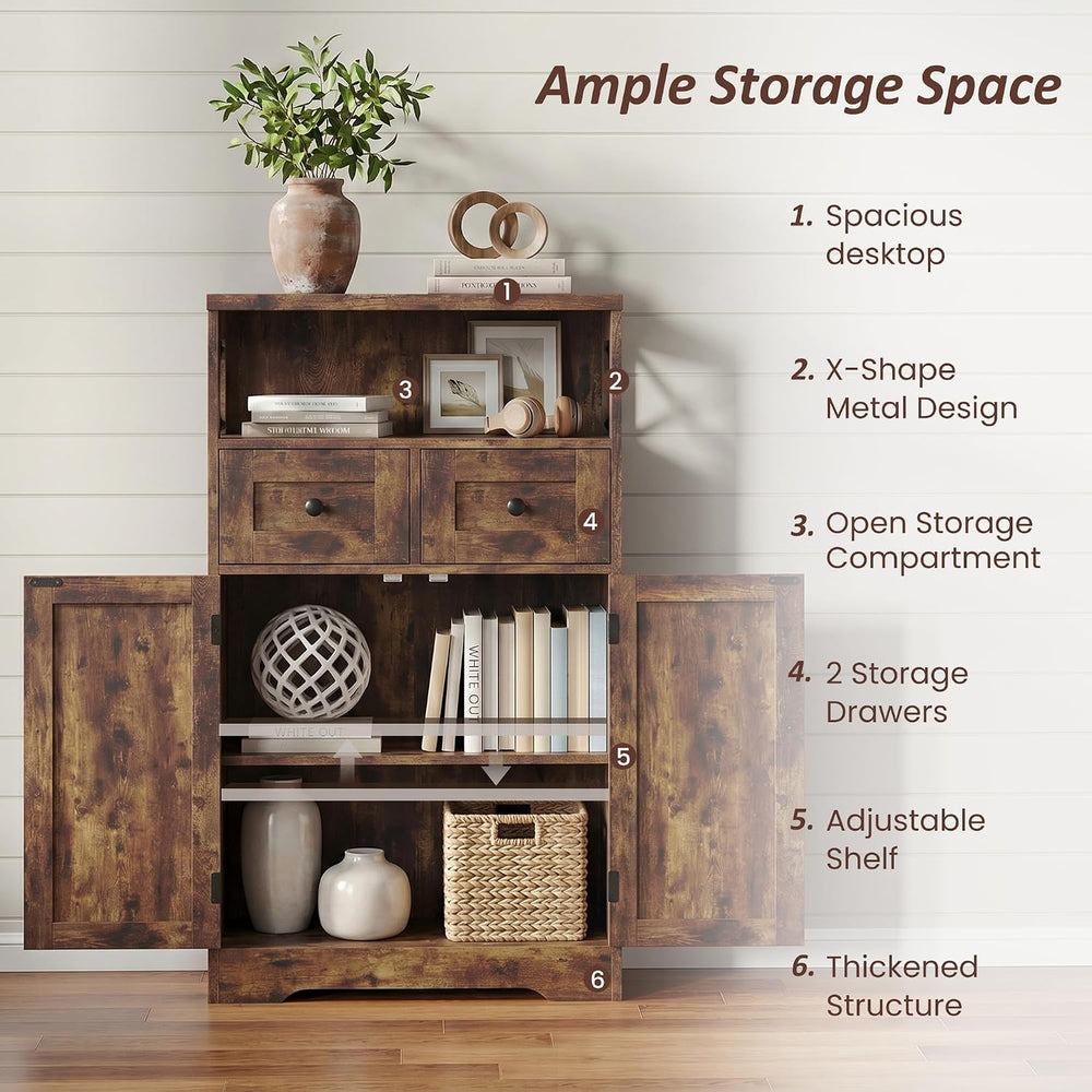 Farmhouse Storage Cabinet with Drawers, Small Kitchen Pantry Cabinet, Brown