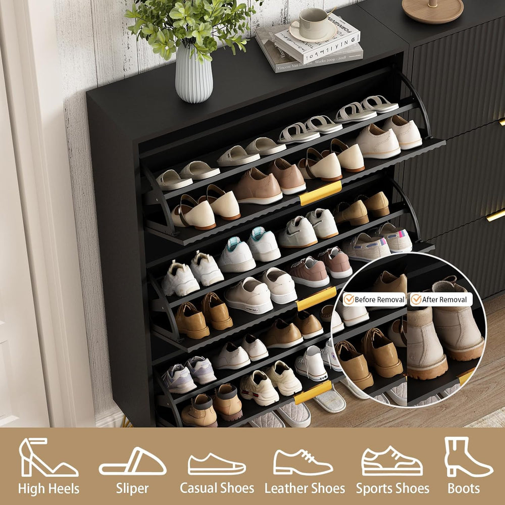 Fluted Shoe Cabinet with 3 Flip Drawers, Gold Handle and Metal Legs, Black丨Fl...