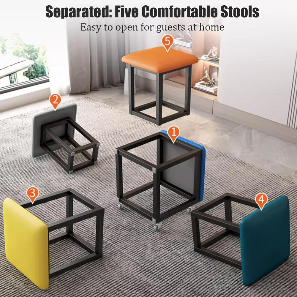 5 in 1 Nesting Ottoman Cube Chair, Movable Stackable Stools with Wheels, Squa...