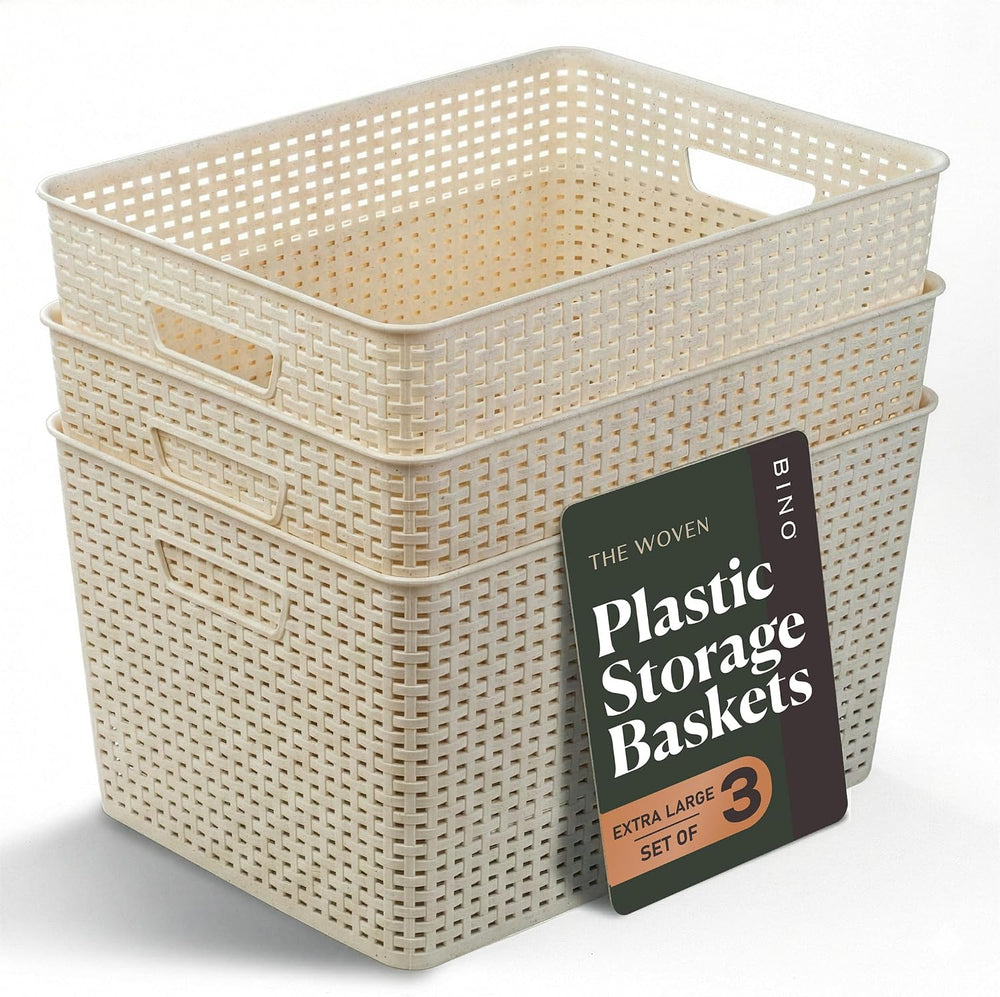 BINO | Plastic Storage Baskets, 33 Liter - 3 Pack, Natural | THE WOVEN COLLEC...