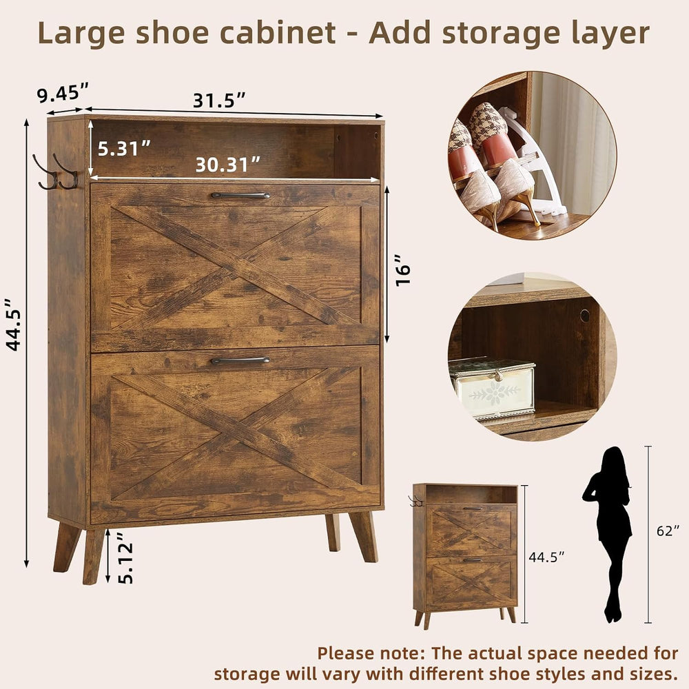 Joaxswe Narrow Shoe Cabinet with 2 Flip Drawers for Entryway,Rustic Brown