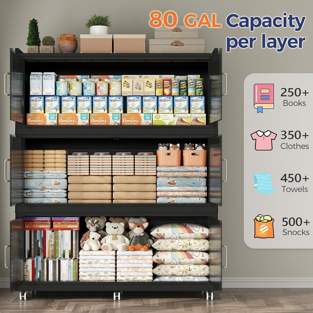 720QT Storage Bins with Lid, 240Gal 3-Tier Extra Large Stackable Closet Organ...