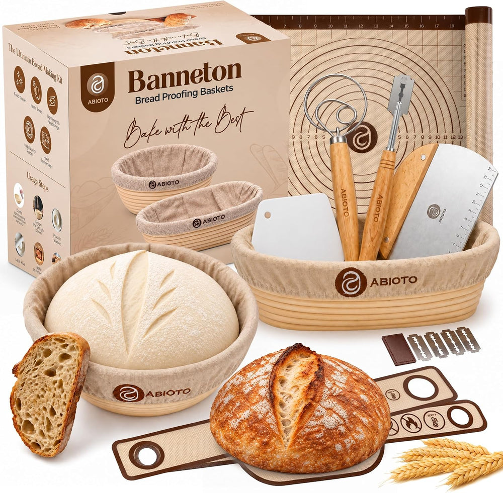 ABIOTO Banneton Baskets with Sourdough Bread Baking Supplies - 17-Piece Kit
