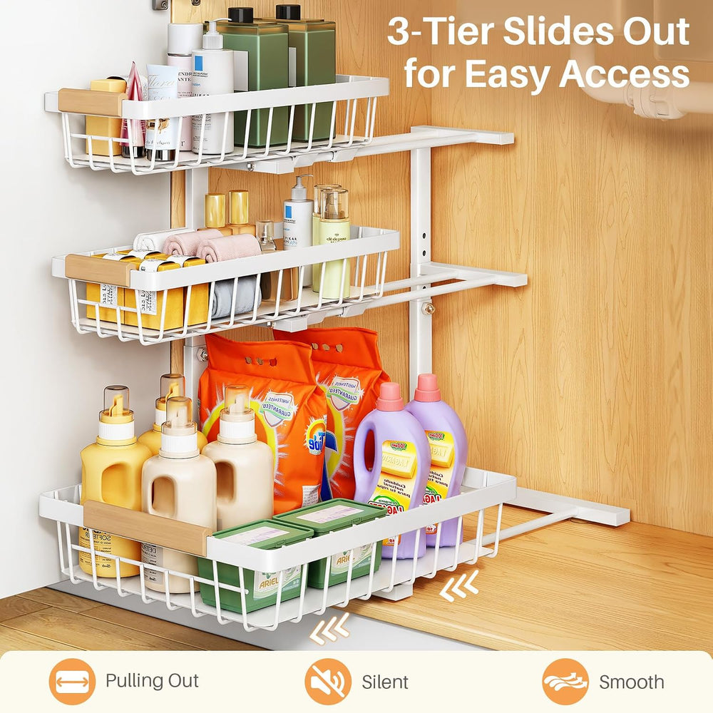 PXRACK Under Sink Organizer, 2-Pack 3-Tier Height Adjustable Thickened Metal ...