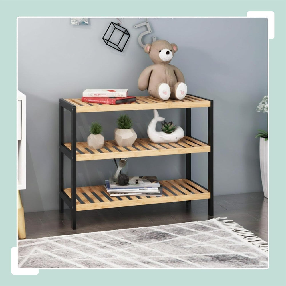 Relaxdays Shoe Rack, H 55 x W 70 x D 26 cm, Bamboo, 3 Levels, 9 Pairs of Shoe...