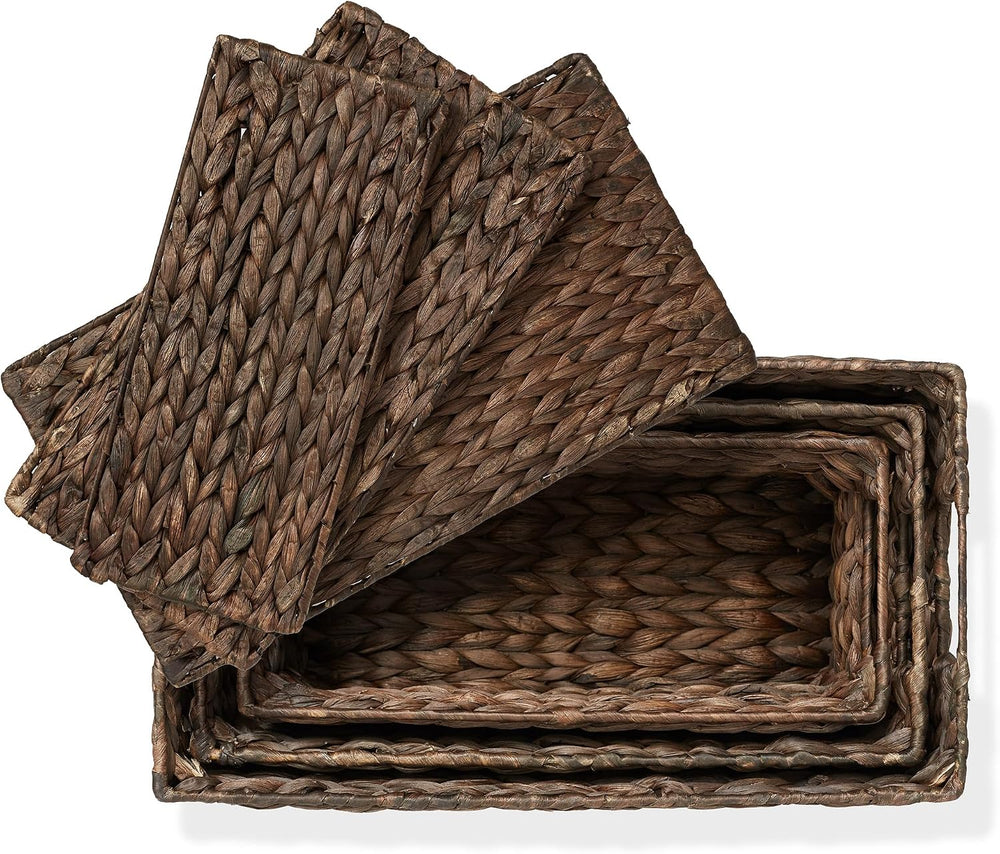 Casafield Set of 3 Water Hyacinth Storage Baskets with Lids, Espresso - Small...